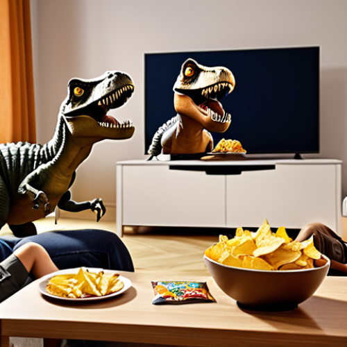 **

A group of diverse children and adults of all ages are gathered around a TV screen, all with wide, excited eyes. They're sitting on a cozy sofa in a typical Swedish living room. On the screen, JURASSIC COPS is playing, with a Tyrannosaurus Rex character in a police uniform prominently displayed. Bowls of "chips och dipp" (chips and dip) are scattered on the coffee table in front of them. The scene evokes a sense of family fun and shared excitement over the animated series.

**