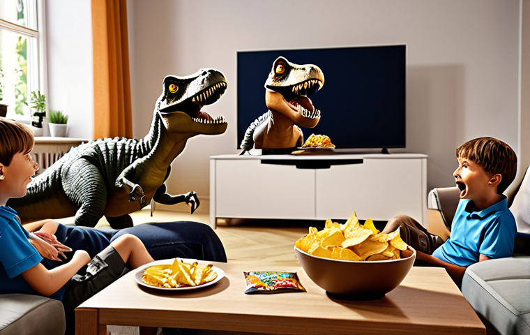 **

A group of diverse children and adults of all ages are gathered around a TV screen, all with wide, excited eyes. They're sitting on a cozy sofa in a typical Swedish living room. On the screen, JURASSIC COPS is playing, with a Tyrannosaurus Rex character in a police uniform prominently displayed. Bowls of "chips och dipp" (chips and dip) are scattered on the coffee table in front of them. The scene evokes a sense of family fun and shared excitement over the animated series.

**